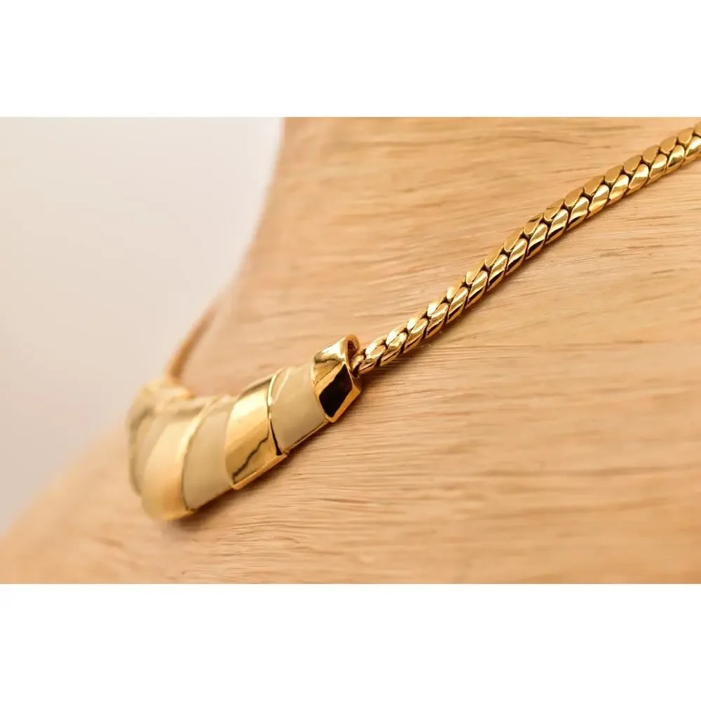 Napier Vintage Collar Necklace Off White Enamel Gold Tone Chain Signed 80s BinBE